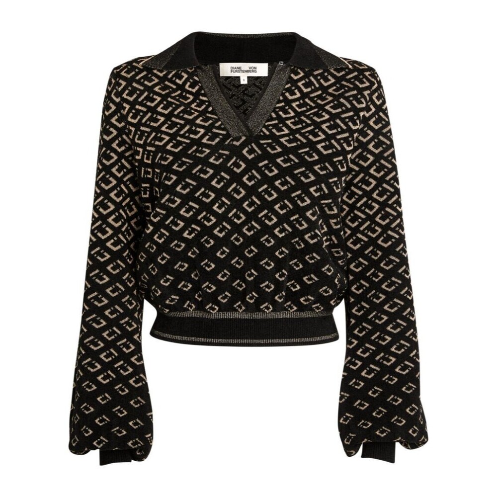 Diane Von Furstenberg Black Gold Blouson Sleeved Collared V-neck Sweater XS